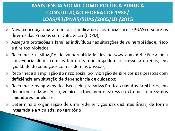 ASSISTENCIA SOCIAL COMO POLÍTICA PÚBLICA CONSTITUIÇÃO FEDERAL DE 1988/ LOAS/93/PNAS/SUAS/2005/LBI/2015 Ø Ø Ø Nova