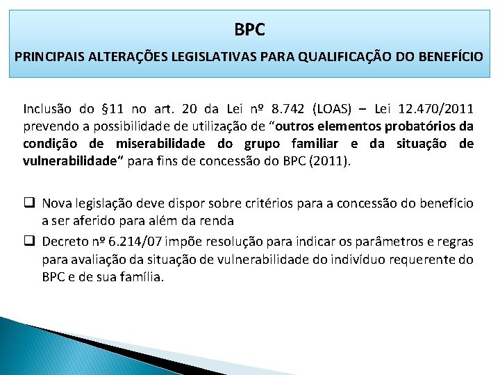 BPC PRINCIPAIS ALTERAÇÕES LEGISLATIVAS PARA QUALIFICAÇÃO DO BENEFÍCIO Inclusão do § 11 no art.