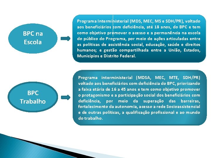 INTEGRAÇÃO E ARTICULAÇÃO DO BPC COM SERVIÇOS SOCIOASSISTENCIAIS E DAS DEMAIS POLÍTICAS SETORIAIS Programa