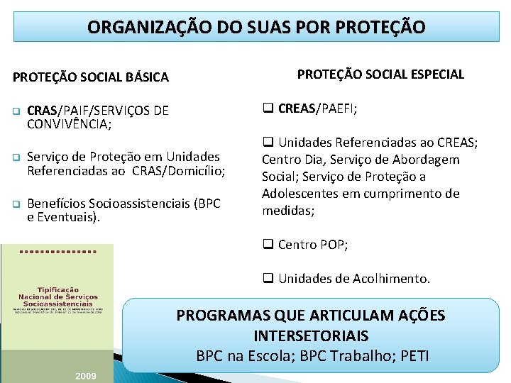 ORGANIZAÇÃO DO SUAS POR PROTEÇÃO SOCIAL ESPECIAL PROTEÇÃO SOCIAL BÁSICA q q CREAS/PAEFI; CRAS/PAIF/SERVIÇOS