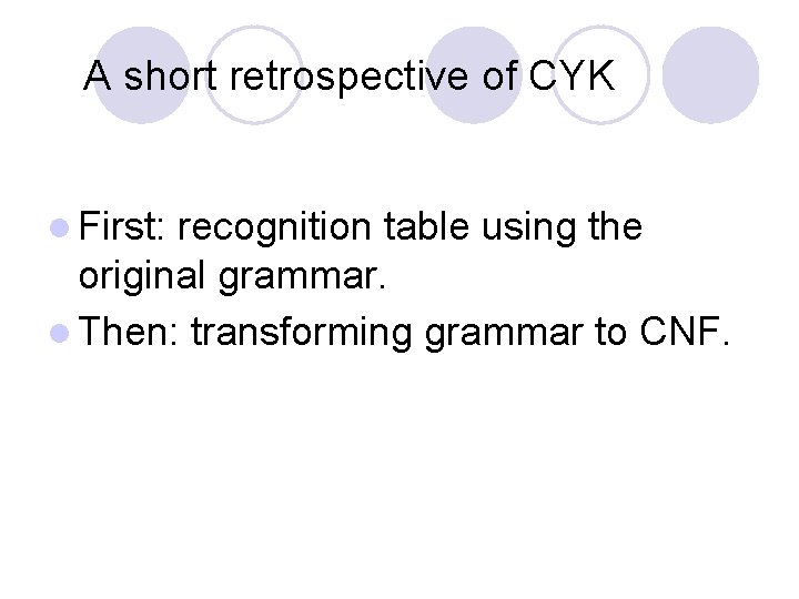 A short retrospective of CYK l First: recognition table using the original grammar. A short retrospective of CYK l First: recognition table using the original grammar.