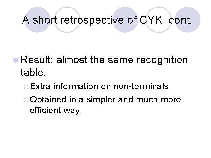 A short retrospective of CYK cont. l Result: almost the same recognition table. A short retrospective of CYK cont. l Result: almost the same recognition table.