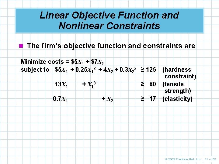 Linear Objective Function and Nonlinear Constraints n The firm’s objective function and constraints are