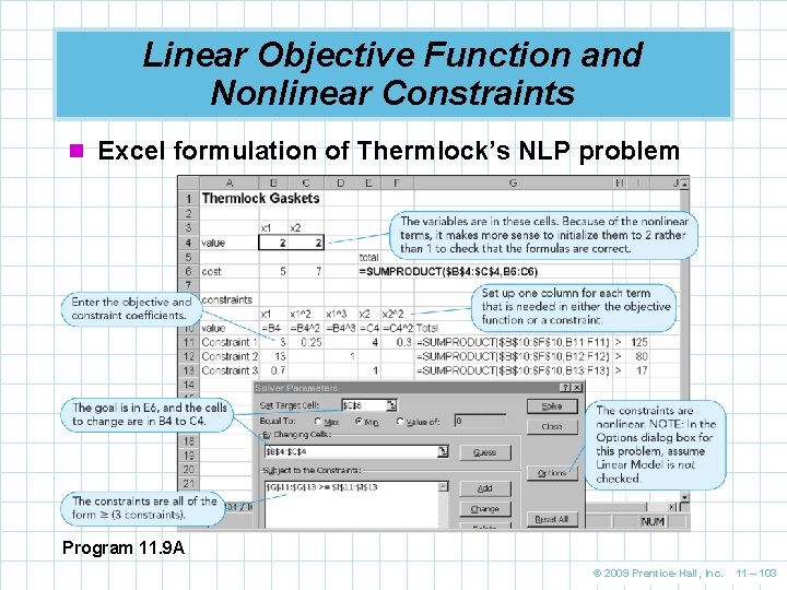 Linear Objective Function and Nonlinear Constraints n Excel formulation of Thermlock’s NLP problem Program