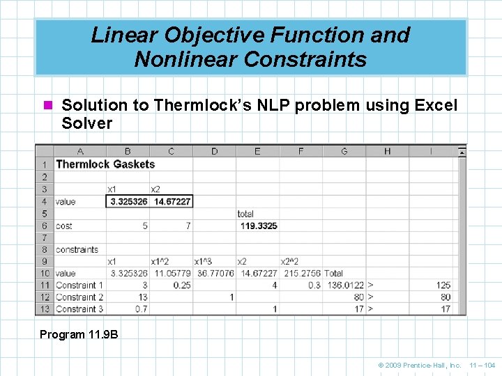Linear Objective Function and Nonlinear Constraints n Solution to Thermlock’s NLP problem using Excel