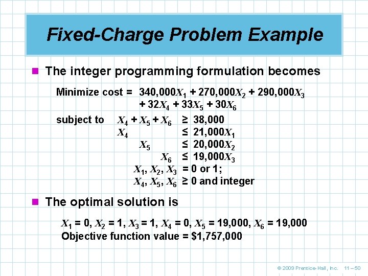 Fixed-Charge Problem Example n The integer programming formulation becomes Minimize cost = 340, 000