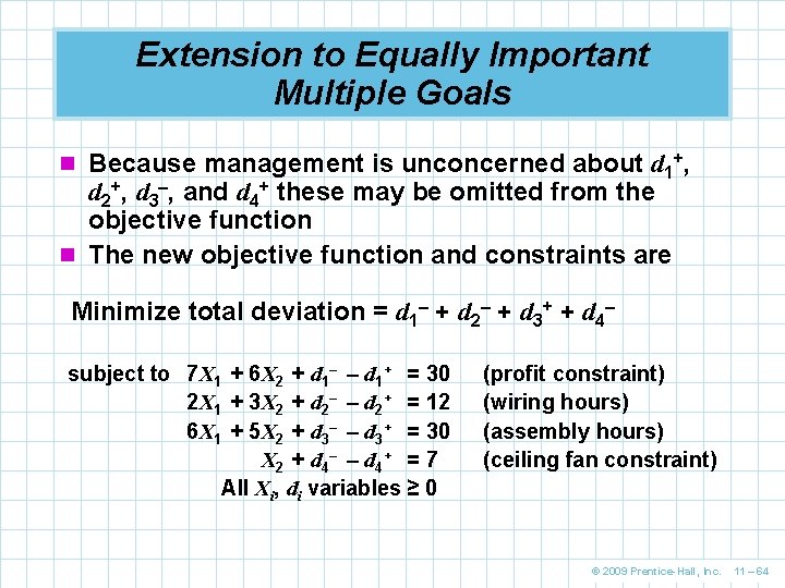 Extension to Equally Important Multiple Goals n Because management is unconcerned about d 1+,