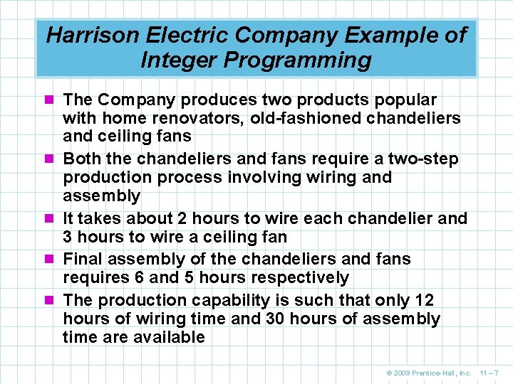 Harrison Electric Company Example of Integer Programming n The Company produces two products popular