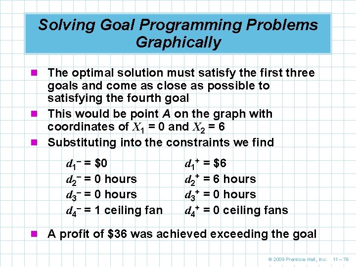 Solving Goal Programming Problems Graphically n The optimal solution must satisfy the first three