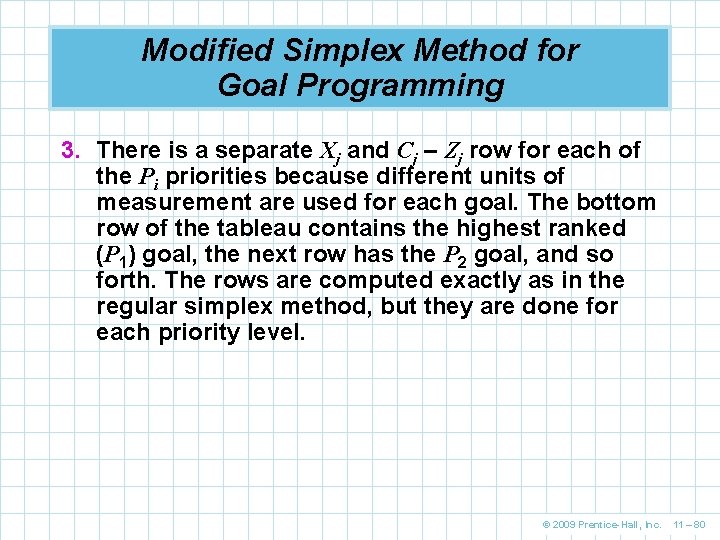 Modified Simplex Method for Goal Programming 3. There is a separate Xj and Cj