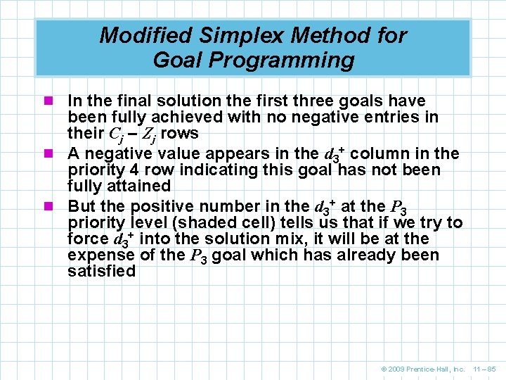 Modified Simplex Method for Goal Programming n In the final solution the first three