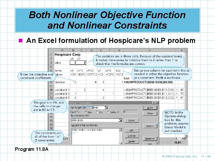 Both Nonlinear Objective Function and Nonlinear Constraints n An Excel formulation of Hospicare’s NLP