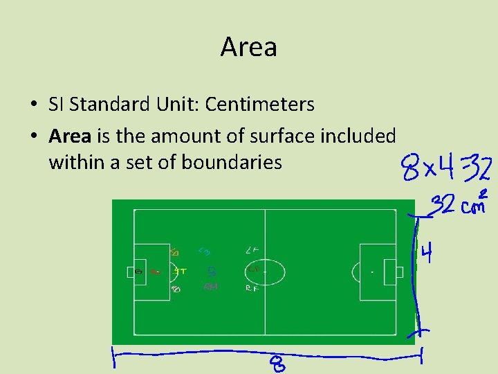 Area • SI Standard Unit: Centimeters • Area is the amount of surface included