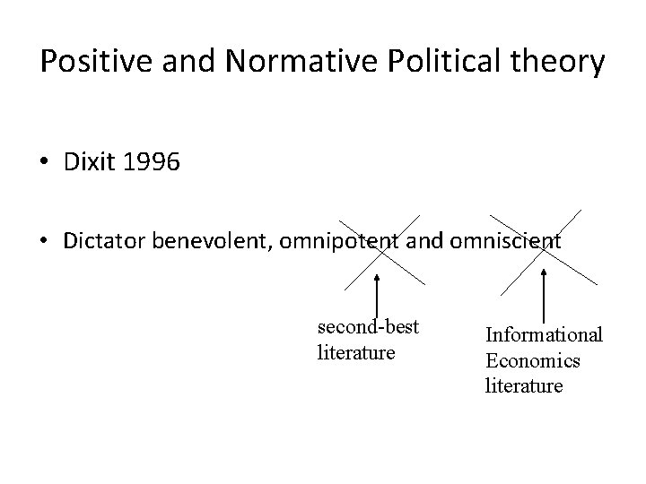 Positive and Normative Political theory • Dixit 1996 • Dictator benevolent, omnipotent and omniscient