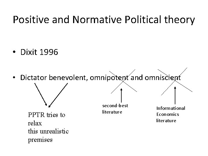 Positive and Normative Political theory • Dixit 1996 • Dictator benevolent, omnipotent and omniscient