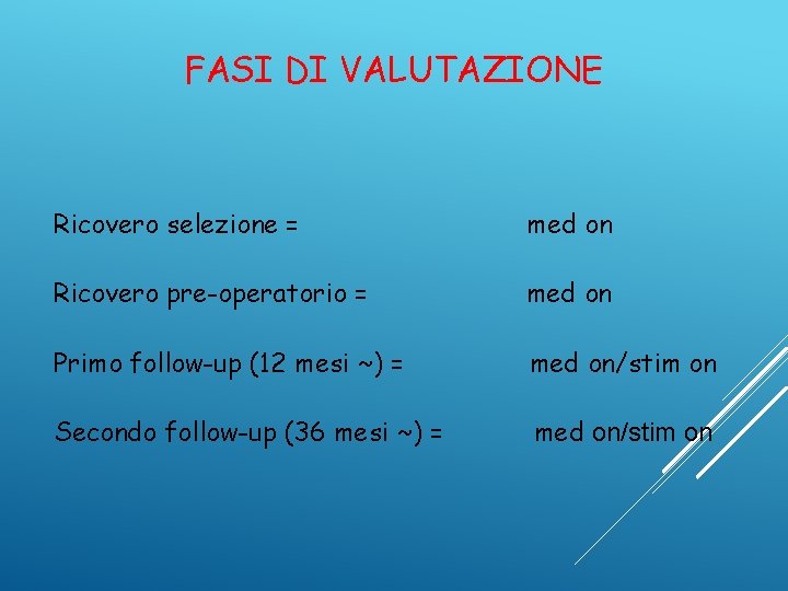 FASI DI VALUTAZIONE Ricovero selezione = med on Ricovero pre-operatorio = med on Primo