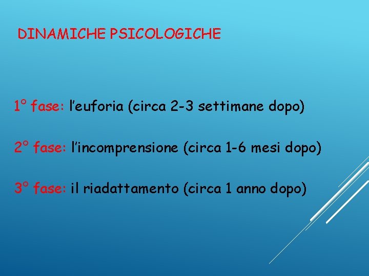 DINAMICHE PSICOLOGICHE 1° fase: l’euforia (circa 2 -3 settimane dopo) 2° fase: l’incomprensione (circa