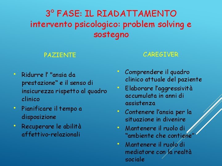 3° FASE: IL RIADATTAMENTO intervento psicologico: problem solving e sostegno CAREGIVER PAZIENTE • •