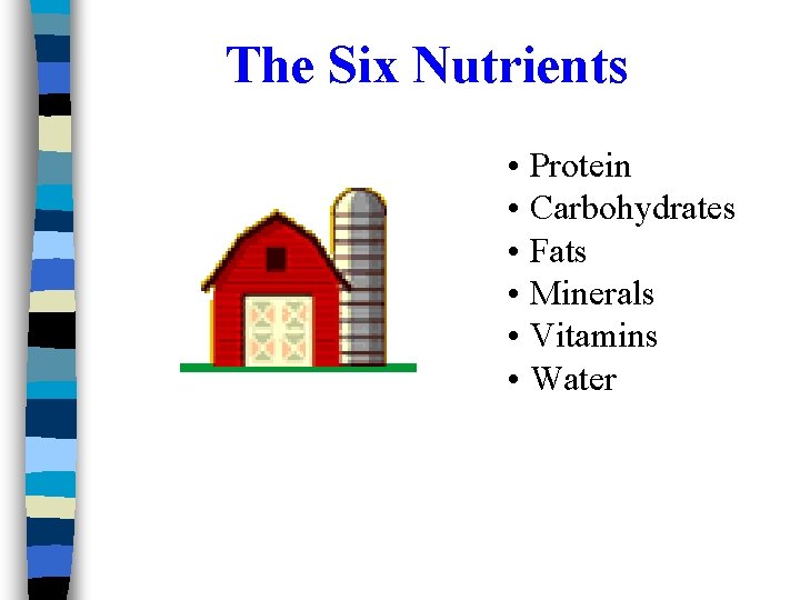 The Six Nutrients • Protein • Carbohydrates • Fats • Minerals • Vitamins •