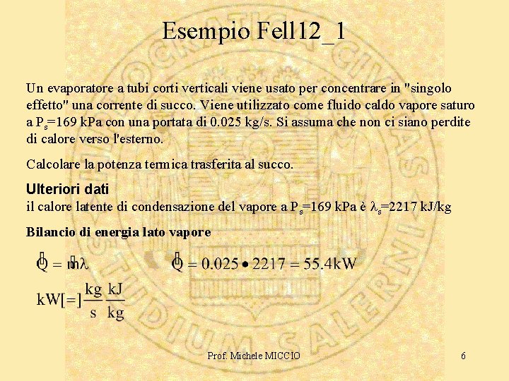 Esempio Fell 12_1 Un evaporatore a tubi corti verticali viene usato per concentrare in