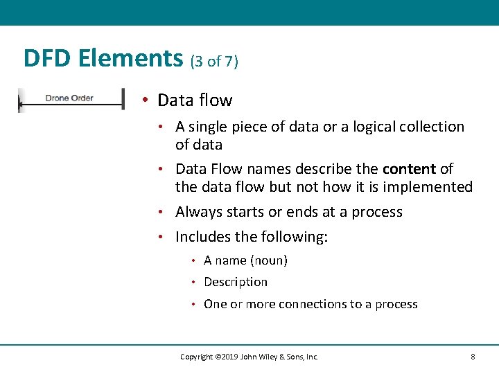 DFD Elements (3 of 7) • Data flow A single piece of data or