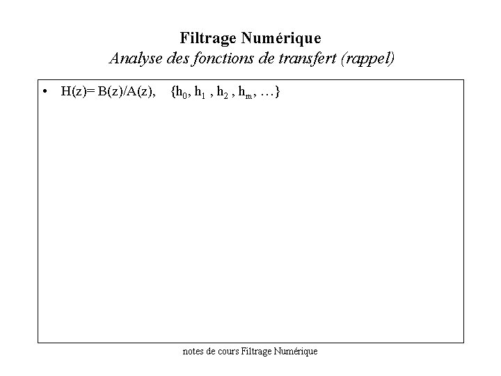 Filtrage Numérique Analyse des fonctions de transfert (rappel) • H(z)= B(z)/A(z), {h 0, h
