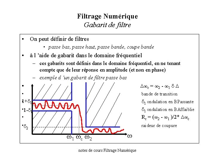 Filtrage Numérique Gabarit de filtre • On peut définir de filtres • passe bas,