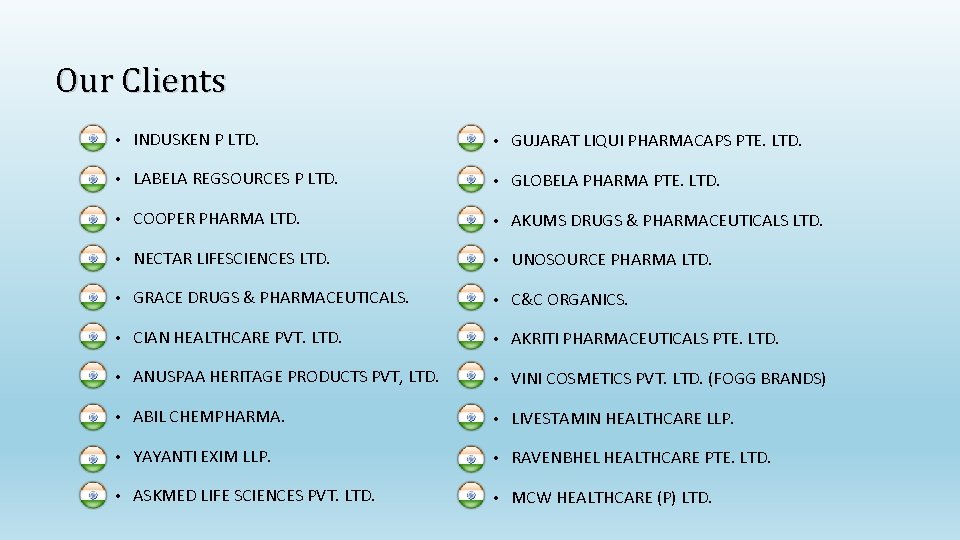 Our Clients • INDUSKEN P LTD. • GUJARAT LIQUI PHARMACAPS PTE. LTD. • LABELA Our Clients • INDUSKEN P LTD. • GUJARAT LIQUI PHARMACAPS PTE. LTD. • LABELA