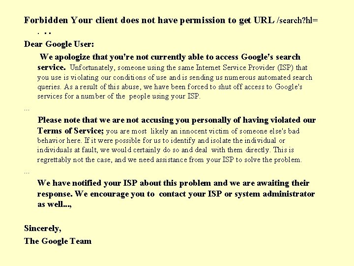 Forbidden Your client does not have permission to get URL /search? hl=. . .