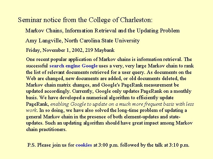 Seminar notice from the College of Charleston: Markov Chains, Information Retrieval and the Updating