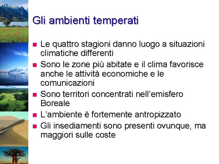 Gli ambienti temperati n n n Le quattro stagioni danno luogo a situazioni climatiche