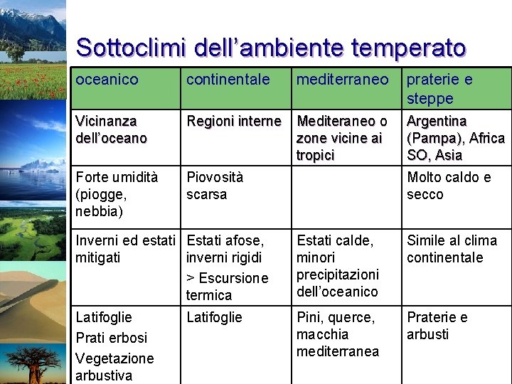 Sottoclimi dell’ambiente temperato oceanico continentale mediterraneo praterie e steppe Vicinanza dell’oceano Regioni interne Mediteraneo