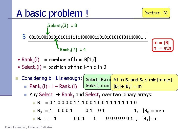A basic problem ! Jacobson, ‘ 89 Select 1(3) = 8 B 00101010101111111000001101010111000. .