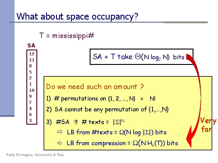 What about space occupancy? T = mississippi# SA 12 11 8 5 2 1