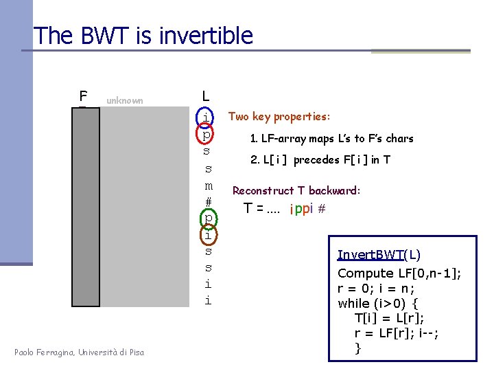 The BWT is invertible F # i i m p p s s unknown