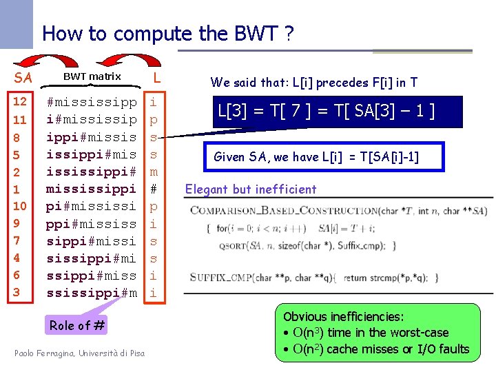 How to compute the BWT ? SA BWT matrix 12 #mississipp i#mississip ippi#missis issippi#mis