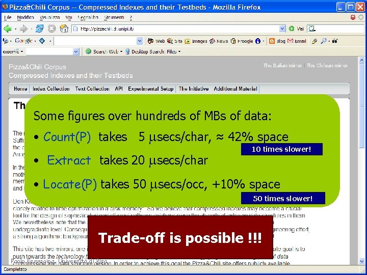 Some figures over hundreds of MBs of data: • Count(P) takes 5 msecs/char, ≈