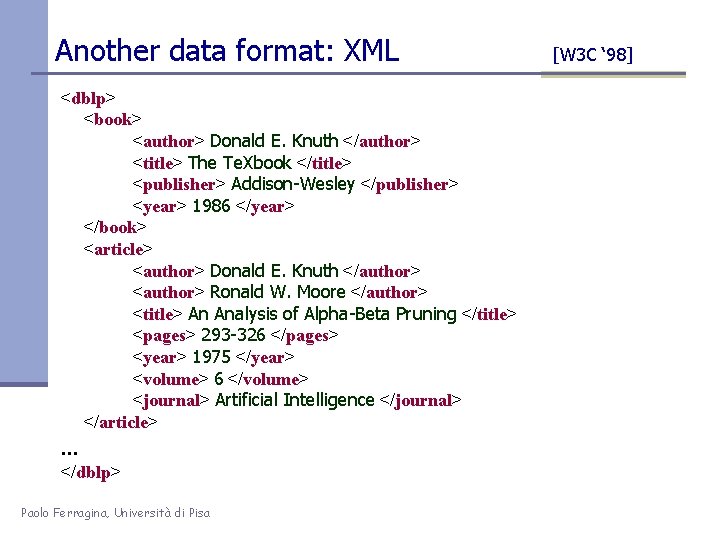 Another data format: XML <dblp> <book> <author> Donald E. Knuth </author> <title> The Te.