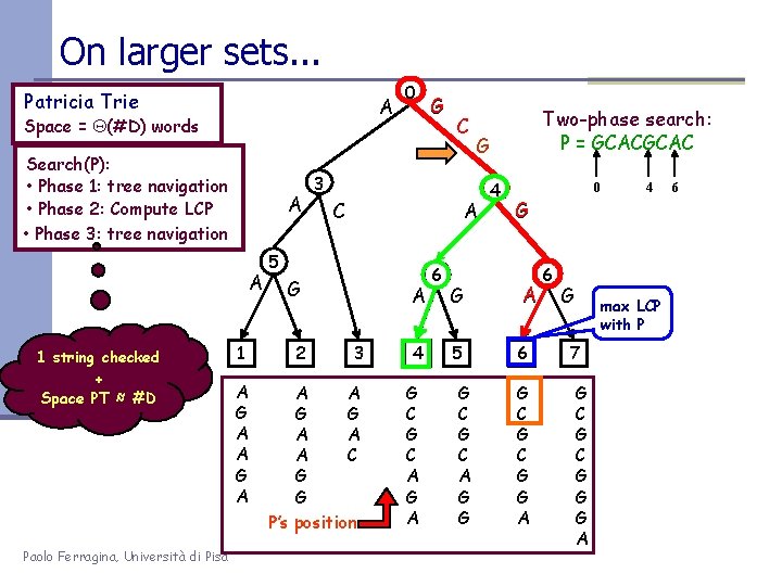 On larger sets. . . Patricia Trie Space = Q(#D) words A Search(P): •