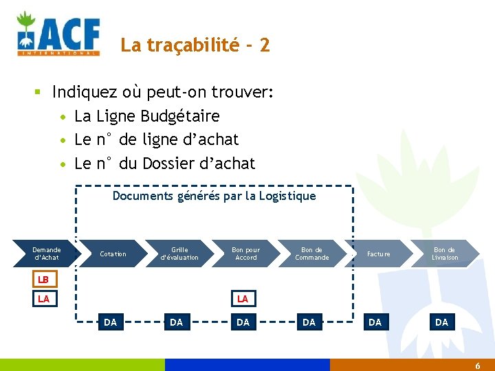 La traçabilité - 2 § Indiquez où peut-on trouver: • La Ligne Budgétaire •