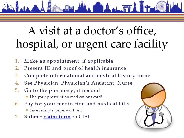 A visit at a doctor’s office, hospital, or urgent care facility 1. 2. 3.