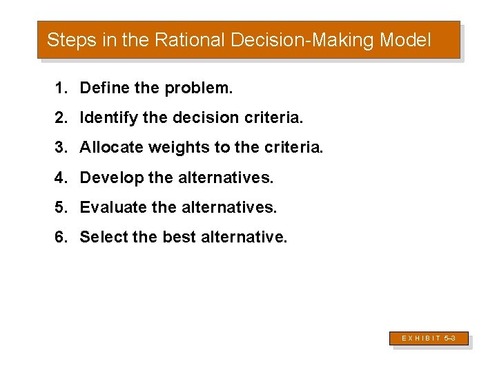 Steps in the Rational Decision-Making Model 1. Define the problem. 2. Identify the decision Steps in the Rational Decision-Making Model 1. Define the problem. 2. Identify the decision