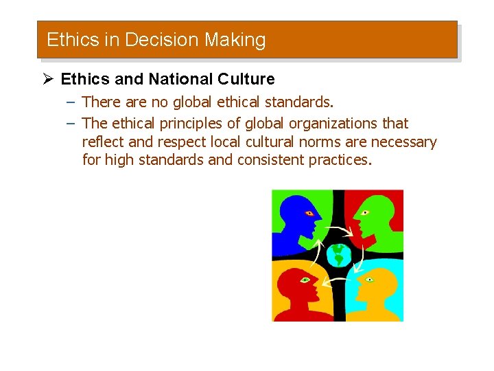 Ethics in Decision Making Ø Ethics and National Culture – There are no global Ethics in Decision Making Ø Ethics and National Culture – There are no global