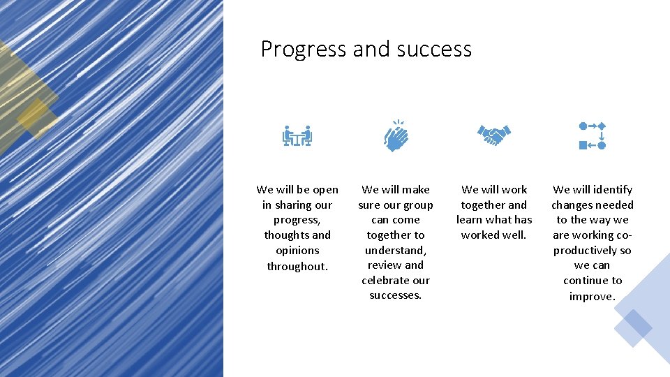 Progress and success We will be open in sharing our progress, thoughts and opinions