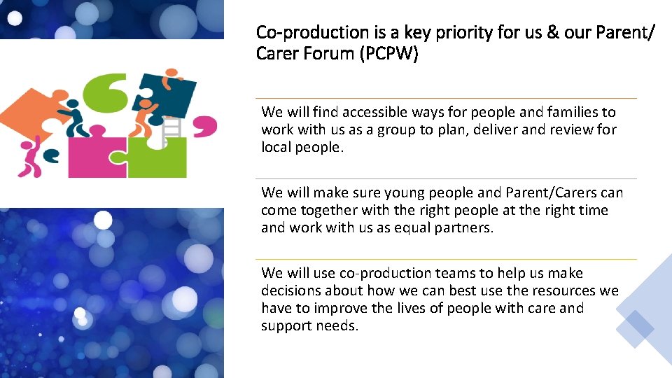 Co-production is a key priority for us & our Parent/ Carer Forum (PCPW) We