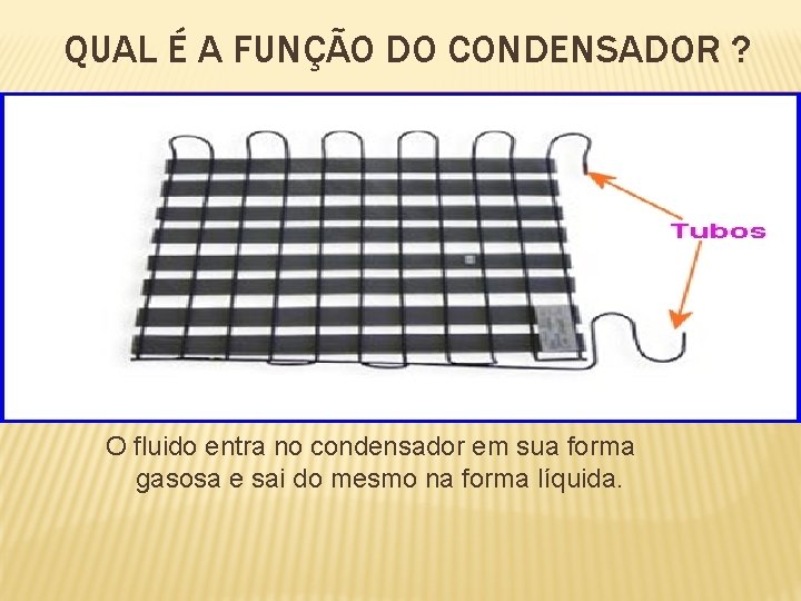 QUAL É A FUNÇÃO DO CONDENSADOR ? O fluido entra no condensador em sua