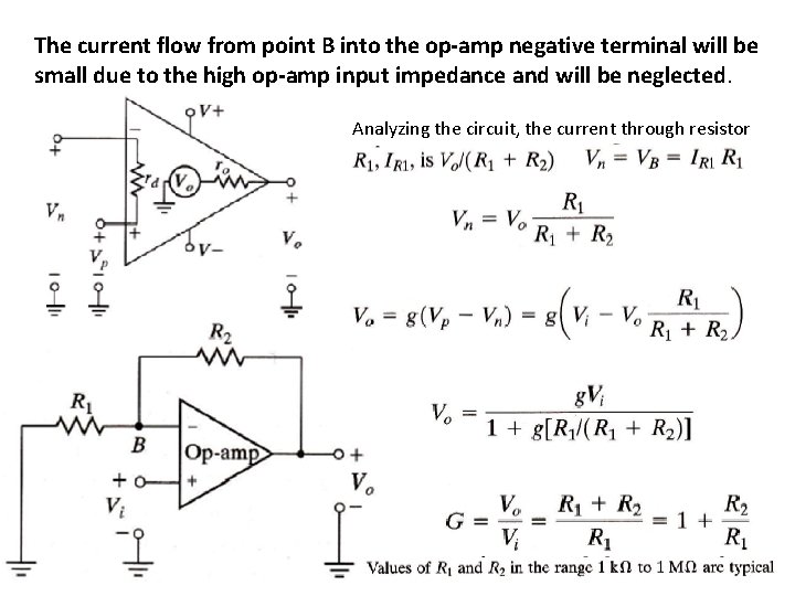 The current flow from point B into the op-amp negative terminal will be small