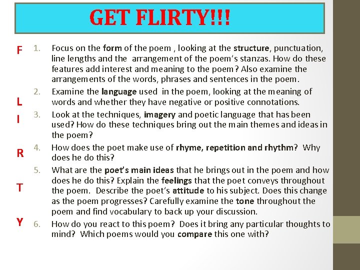GET FLIRTY!!! F L I R 1. 2. 3. 4. 5. T Y 6.