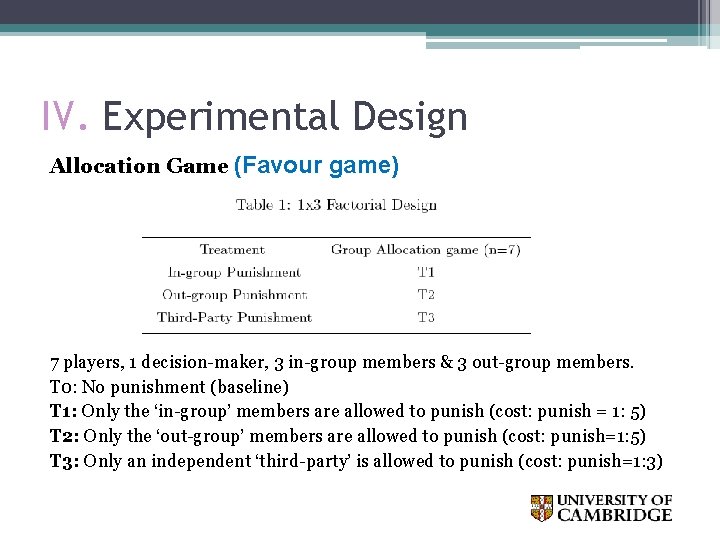 IV. Experimental Design Allocation Game (Favour game) 7 players, 1 decision-maker, 3 in-group members