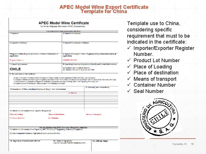 APEC Model Wine Export Certificate Template for China Template use to China, considering specific